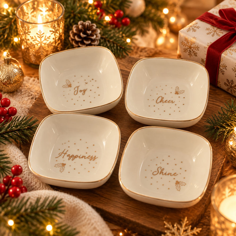 Four small square white ceramic bowls with rounded corners, decorated with gold borders and gold script words reading Joy, Cheer, Happiness, and Shine, arranged on a wooden tray with holiday lights, pine branches, ornaments, and a wrapped gift box.