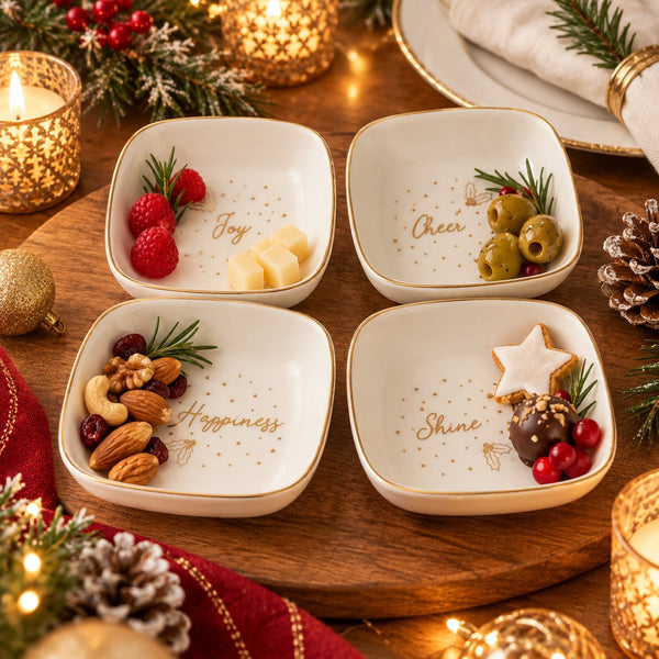 Four square white ceramic serving dishes with gold trim and gold lettering, arranged on a wooden board with holiday snacks and warm candlelight in the background.