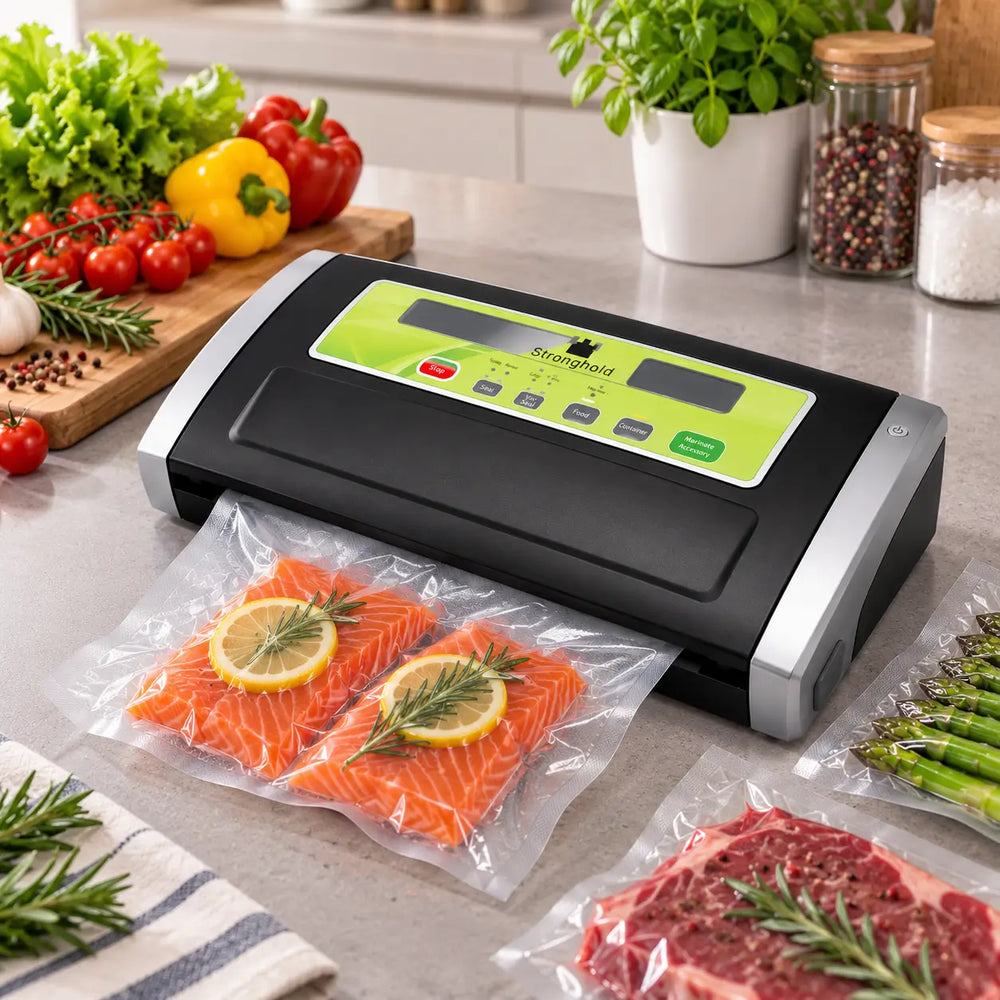 A countertop food sealer machine in a kitchen setting, shown sealing vacuum bags containing salmon, steak, and asparagus. Fresh vegetables, herbs, and jars are arranged around it on a light stone countertop.