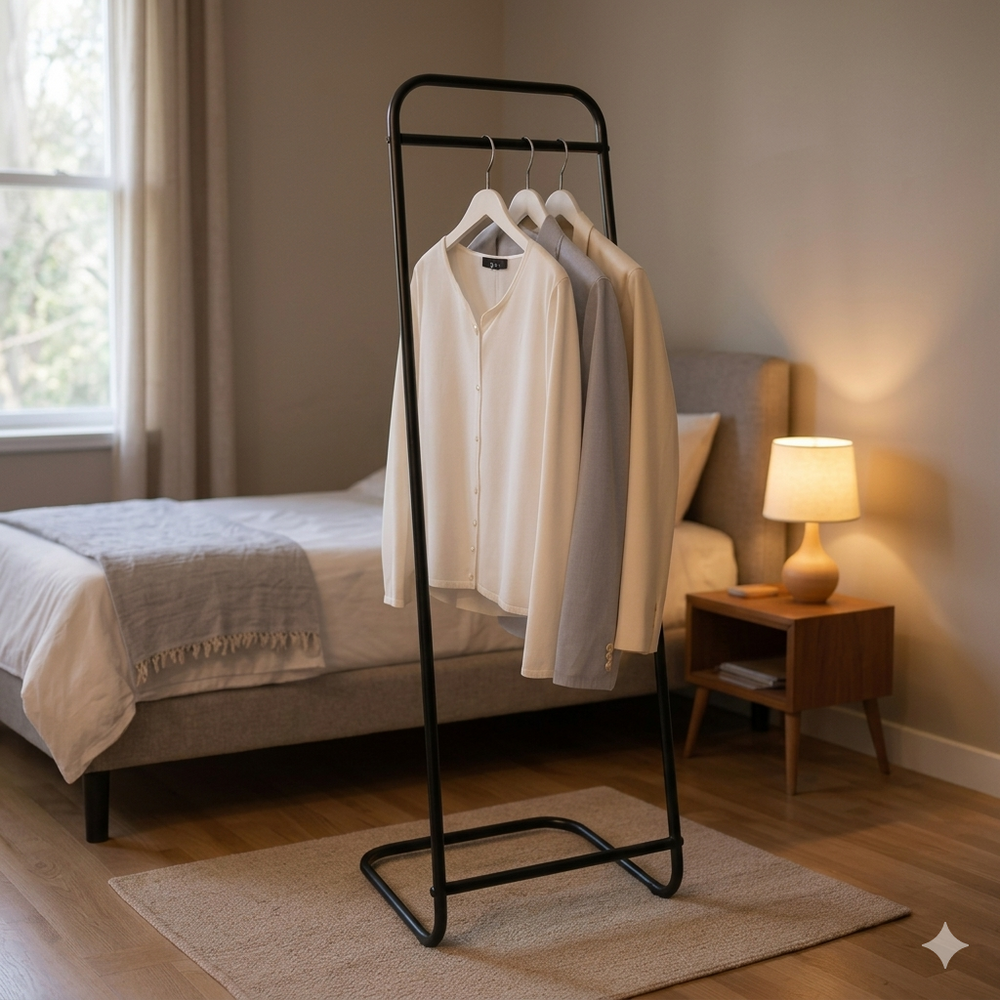 Wenko Surya Clothes Rack – Minimalist Black Metal Valet Stand with Interchangeable Bamboo Rail