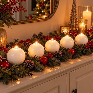 A festive Christmas garland with white globe candles, pinecones, red berries, green pine branches, and red ornaments displayed on a white cabinet in a warmly lit room.