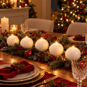 A festive Christmas table setting with a green pine garland runner decorated with white pillar candles, red berries, pinecones, and ornaments, surrounded by plates, red napkins, and lit candles in a warmly lit dining room.