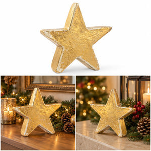 A decorative five-point star ornament with a textured metallic gold finish, shown in a clean studio shot and two lifestyle holiday scenes on a mantel with Christmas greenery and lights.