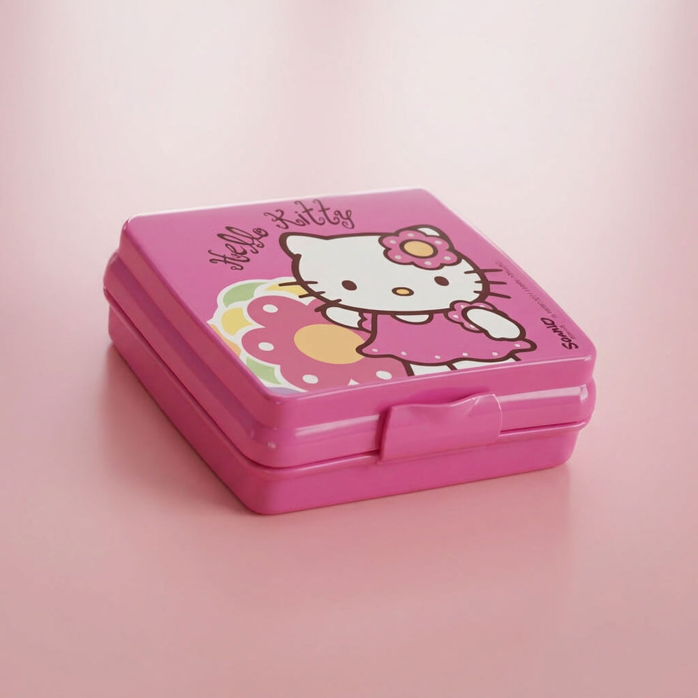 Pink snack box with Hello Kitty design on a pink background
