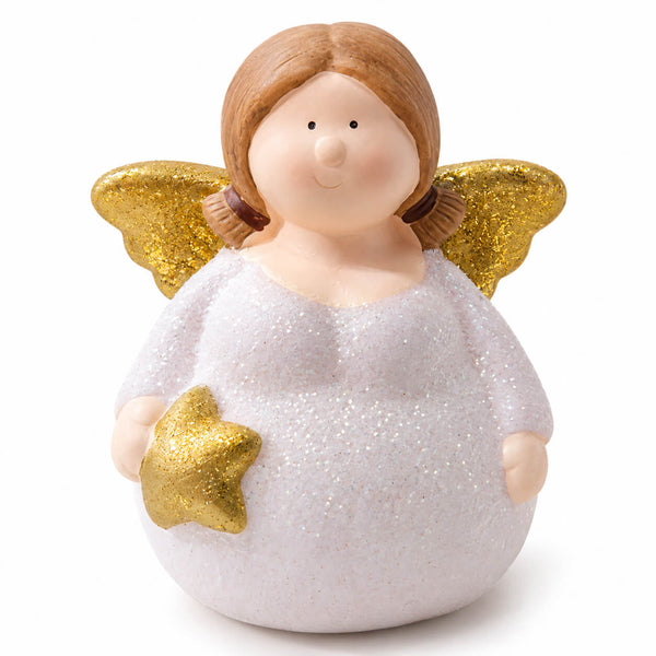 A decorative angel figurine with a round body, white glittery dress, brown hair, gold glitter wings, and a gold star in one hand, shown on a white background.