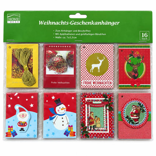 A package of six Christmas gift hangers in German, featuring various festive patterns like reindeer, Santa Claus, snowman, and red-and-white checkered designs, all under a green header card.