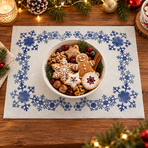 A round white placemat with a blue snowflake border pattern, styled on a wooden table with holiday decorations and a bowl of gingerbread cookies in the center.