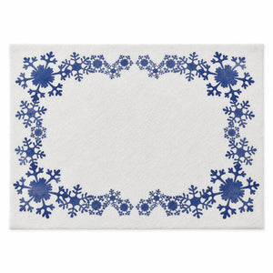 A square decorative print or card featuring a border of blue watercolor snowflakes around a blank white center, shown against a light gray background.