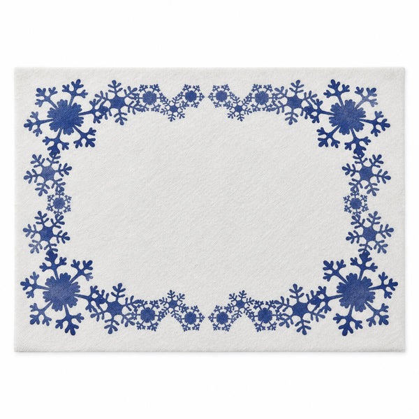 A square decorative print or card featuring a border of blue watercolor snowflakes around a blank white center, shown against a light gray background.