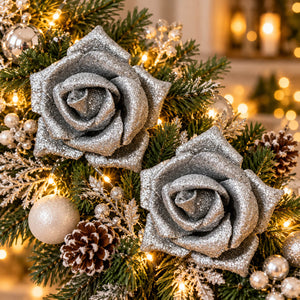 House of Seasons Silver Glitter Rose Christmas Clip Decoration - Set of 2 Pieces