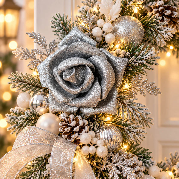 House of Seasons Silver Glitter Rose Christmas Clip Decoration - Set of 2 Pieces
