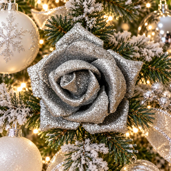 House of Seasons Silver Glitter Rose Christmas Clip Decoration - Set of 2 Pieces