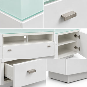 A white modern media console or TV stand shown in a collage of detail shots, featuring a glass top, silver drawer and cabinet handles, open shelves, and a glass-front lower cabinet.