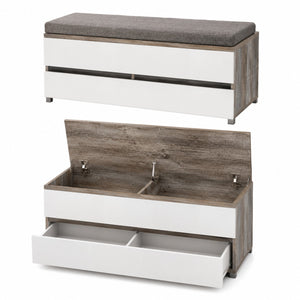 Innostyle Sintra storage bench, Innostyle hallway bench, storage bench with cushion, hallway storage bench, white and driftwood storage chest, shoe storage bench, entryway storage furniture, bench with drawer, storage bench with compartments, modern hallway bench, entryway bench with cushion, bedroom storage bench, driftwood and white furniture.