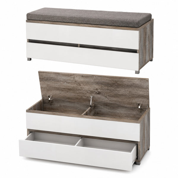 Innostyle Sintra storage bench, Innostyle hallway bench, storage bench with cushion, hallway storage bench, white and driftwood storage chest, shoe storage bench, entryway storage furniture, bench with drawer, storage bench with compartments, modern hallway bench, entryway bench with cushion, bedroom storage bench, driftwood and white furniture.