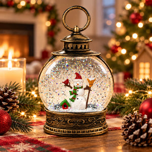 A decorative lantern-style snow globe with an ornate bronze-toned metal frame and handle, filled with glitter and featuring a small snowman figure inside. The scene is styled on a wooden surface with Christmas greenery, pinecones, a lit candle, and a softly blurred holiday background.