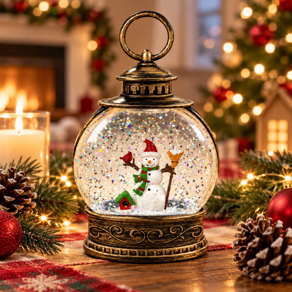 A decorative lantern-style snow globe with an ornate bronze-toned metal frame and handle, filled with glitter and featuring a small snowman figure inside. The scene is styled on a wooden surface with Christmas greenery, pinecones, a lit candle, and a softly blurred holiday background.