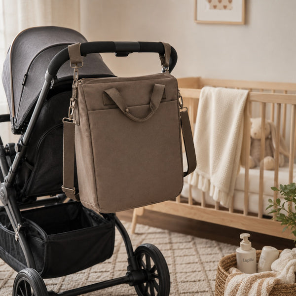 A taupe canvas diaper bag with dual top handles and a detachable shoulder strap, hanging from the handle of a black stroller in a softly lit nursery next to a wooden crib.