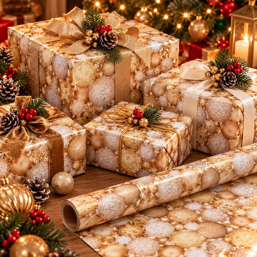 Migros PURE Christmas Baubles Gift Wrapping Paper – Gold & White – 3 m × 70 cm