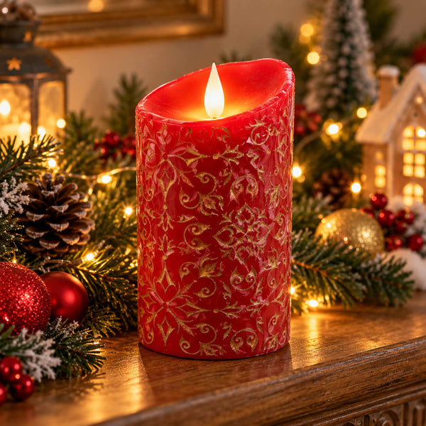 A red cylindrical candle with a glowing flame and ornate gold floral scrollwork, displayed on a wooden surface among Christmas greenery, ornaments, and warm string lights.
