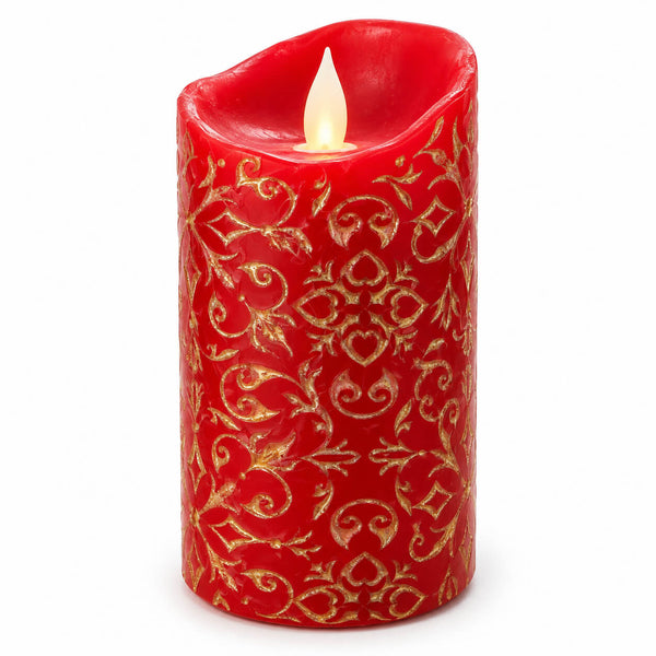 A red wax candle with a gold ornamental damask pattern and a glowing flame effect, shown on a plain white background.