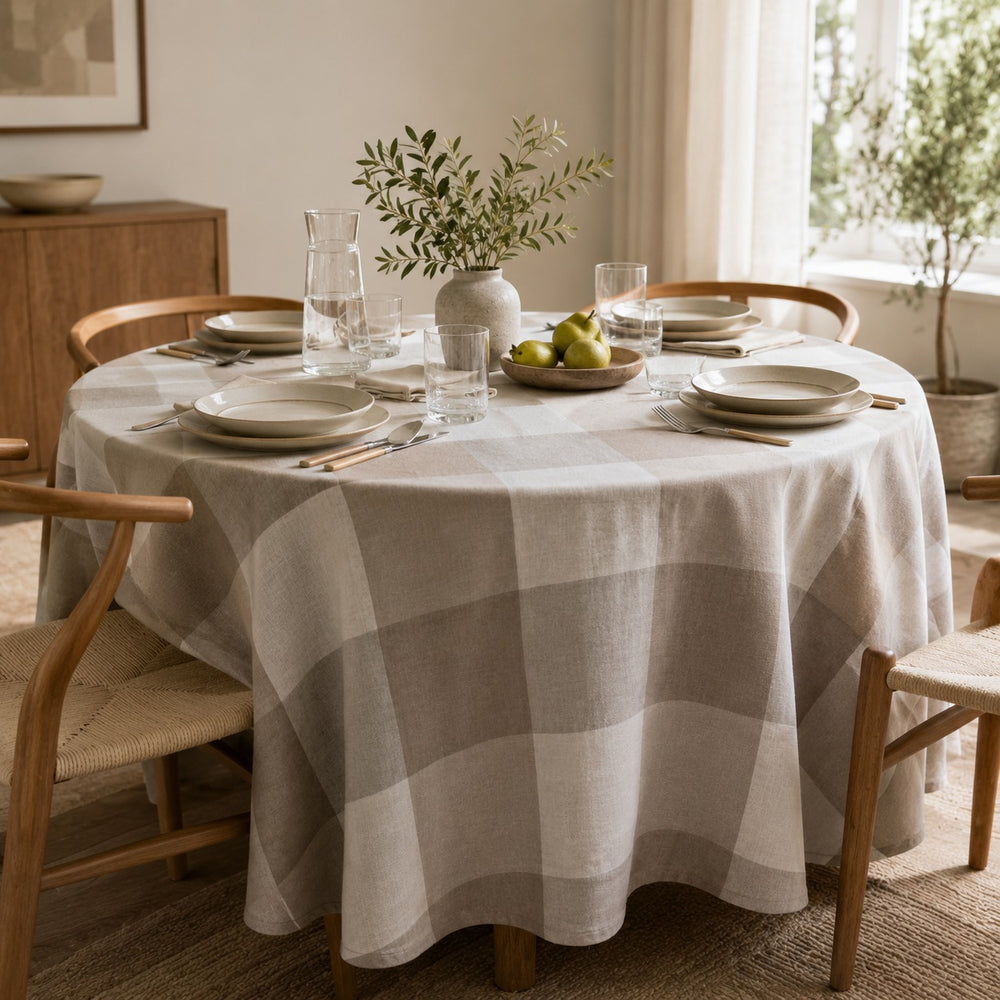 Marchon Milano tablecloth, round tablecloth 160 cm, beige check tablecloth, grey checked tablecloth, neutral round table cover, Ø160 cm dining tablecloth, Scandinavian tablecloth, round dining table cover