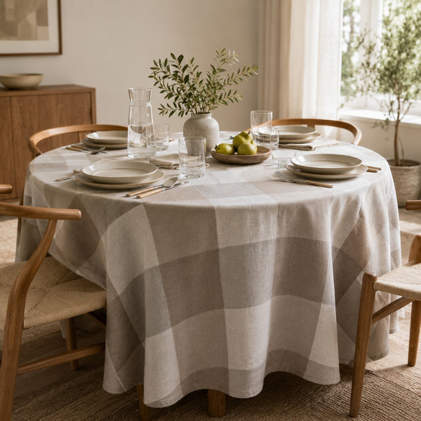 Marchon Milano tablecloth, round tablecloth 160 cm, beige check tablecloth, grey checked tablecloth, neutral round table cover, Ø160 cm dining tablecloth, Scandinavian tablecloth, round dining table cover