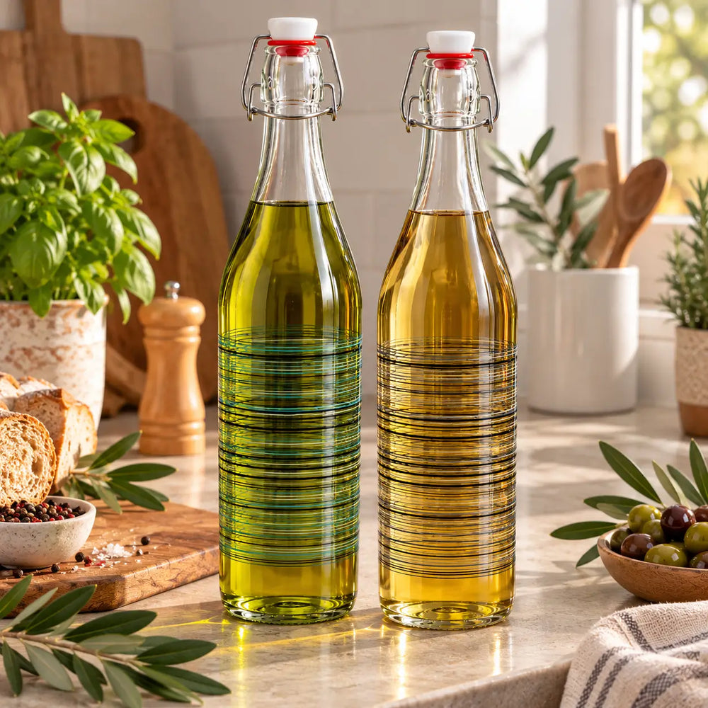 Two tall clear glass swing-top bottles filled with olive oil, standing on a kitchen counter with bread, basil, olives, and kitchen items in the background.