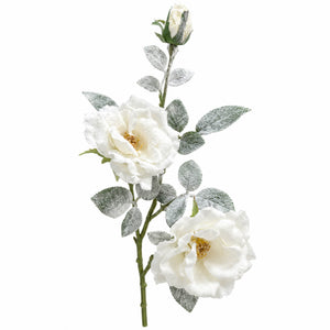 An artificial white rose stem with two blooming roses, silver-gray frosted leaves, and a green stem on a plain white background.
