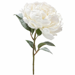 A single artificial white peony flower with textured, frosted petals and green leaves on a brown stem, isolated on a white background.