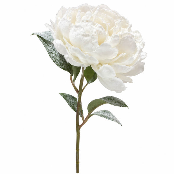 A single artificial white peony flower with textured, frosted petals and green leaves on a brown stem, isolated on a white background.