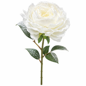 An artificial white rose stem with textured, frosted petals and green leaves on a solid white background.