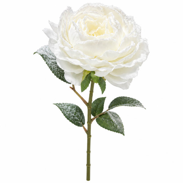 An artificial white rose stem with textured, frosted petals and green leaves on a solid white background.