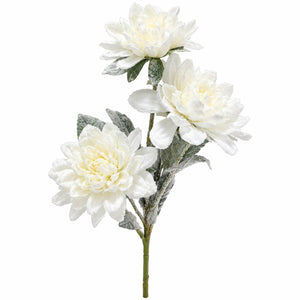 Three faux white peony flowers with frosted silver-gray leaves on a green stem, isolated on a white background.
