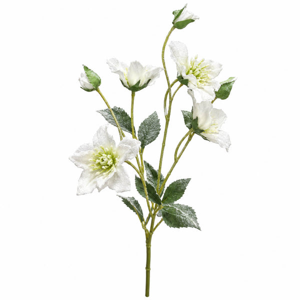 White artificial flower stem with four blossoms, green leaves, and buds on a plain white background.