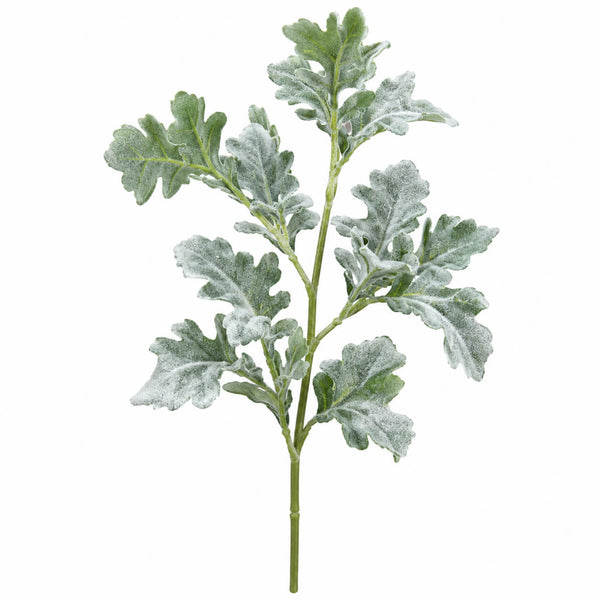 An artificial faux greenery stem featuring dusty silver-gray variegated leaves on a solid white background.