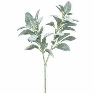 Artificial dusty silver eucalyptus branch with silvery-gray leaves and a light green stem, isolated on a white background.