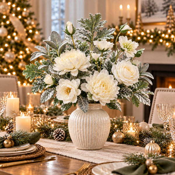 A festive holiday floral centerpiece in a ribbed cream vase, featuring white flowers and silver-dusted green foliage, displayed on a decorated Christmas dinner table.