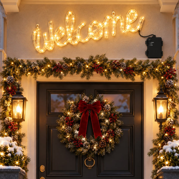 A festive holiday front door decorated with a glowing 'Welcome' sign above, a green garland with warm white lights and red berries, a wreath with a large red bow, and lanterns on both sides.
