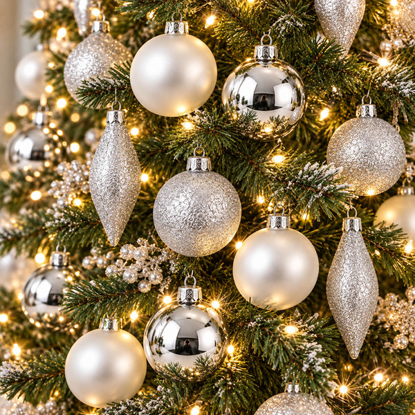 Silver and white Christmas tree ornaments hanging on a green pine tree with warm white string lights.