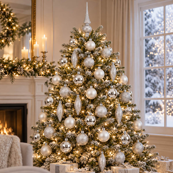A decorated Christmas tree in a cozy living room, adorned with silver and white ornaments, warm white string lights, and a silver tree topper. Presents are placed at the base, with a fireplace and window visible in the background.