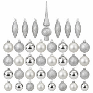 A set of silver and white Christmas tree ornaments arranged on a white background, including five silver glitter finials, five silver glitter teardrop ornaments, and multiple round silver and white baubles.