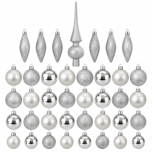A set of silver and white Christmas tree ornaments arranged on a white background, including five silver glitter finials, five silver glitter teardrop ornaments, and multiple round silver and white baubles.
