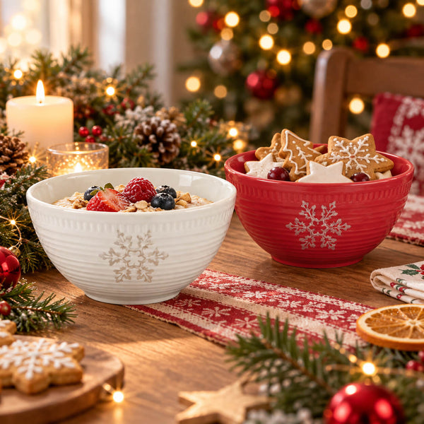 Two festive holiday bowls on a wooden table, one white with a gold snowflake and one red with a white snowflake, filled with granola and fruit, surrounded by Christmas lights, pine branches, ornaments, and cookies.