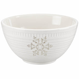 A white ceramic bowl with a ribbed exterior, featuring a metallic silver snowflake design on the front, set against a plain white background.