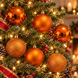 Migros Charme copper-orange baubles set of 6 displayed on a decorated Christmas tree with warm lights