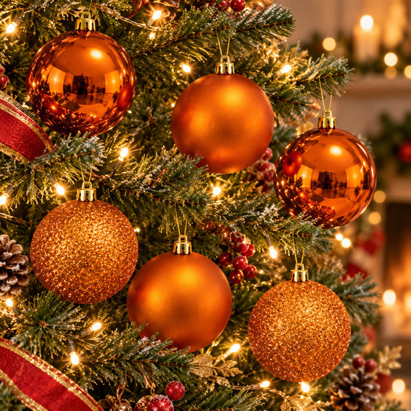 Migros Charme copper-orange baubles set of 6 displayed on a decorated Christmas tree with warm lights