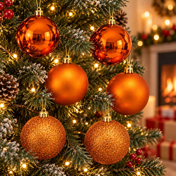Migros Charme copper-orange baubles set of 6 displayed on a decorated Christmas tree with warm lights