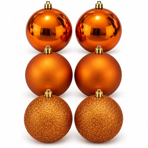 Migros Charme orange Christmas baubles set of 6 with glossy, matte and glitter finishes on white background