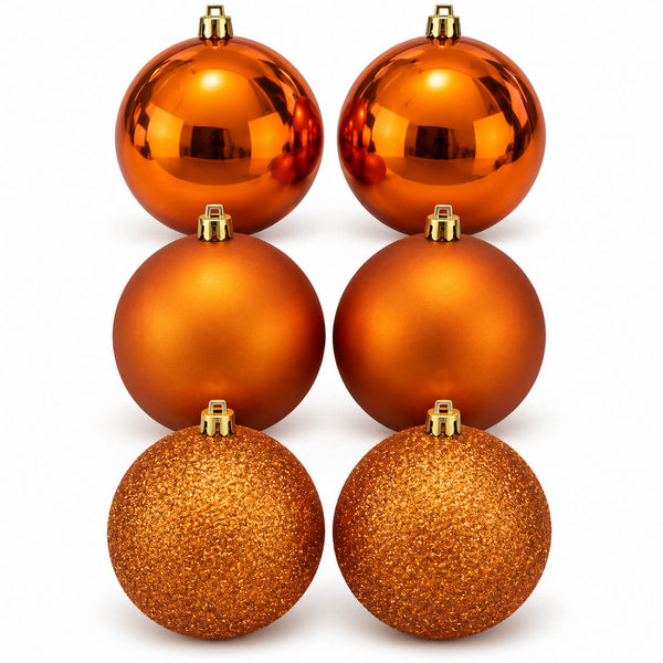 Migros Charme orange Christmas baubles set of 6 with glossy, matte and glitter finishes on white background